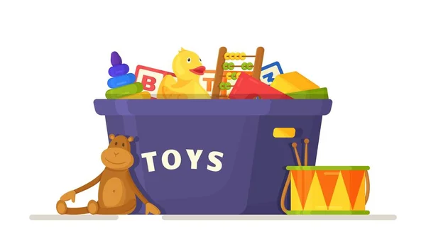 Wektorowa Ilustracja Pudełka Zabawkami Niebieskie Pudełko Różnymi Zabawkami Dla Dzieci — Wektor stockowy