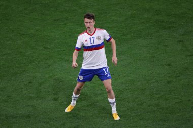 Saint Petersburg, Rusya - 12 Haziran 2021: Futbol. 2020 Avrupa Futbol Şampiyonası. Birinci raunt, B Grubu. Rusya Belçika 'ya karşı. Milli Takım oyuncusu Alexander Golovin