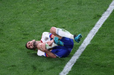 Saint Petersburg, Rusya - 12 Haziran 2021: Gazprom Arena. Futbol mu? 2020 Avrupa Futbol Şampiyonası. Birinci raunt, B Grubu. Rusya Belçika 'ya karşı. Milli Takım oyuncusu Magomed Özdoev