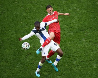 Saint Petersburg, Rusya - 16 Haziran 2021: Futbol. 2020 Avrupa Futbol Şampiyonası. Grup B. Finlandiya Rusya 'ya karşı. Euro 2020. Milli Takım oyuncusu Magomed Özdoev
