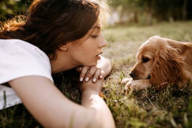 Cocker spaniel köpeğiyle birlikte parkta vakit geçiren güzel genç bir kadın.