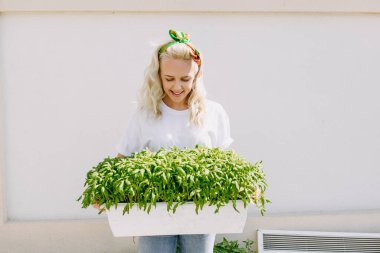 Güzel yetişkin kadın elinde yeşil bitki tutuyor.