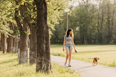 Cocker spaniel köpeğiyle birlikte parkta vakit geçiren güzel genç bir kadın.