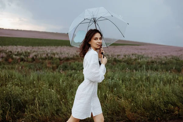Retrato Hermosa Mujer Joven Vestido Con Paraguas Transparente Prado Florido — Foto de Stock