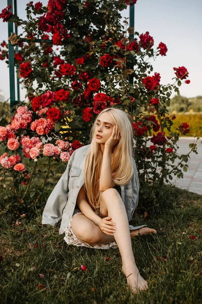 Retrato Bela Jovem Vestido Frente Rosas Arbusto Jardim — Fotografia de Stock