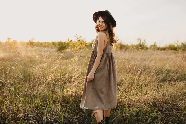 Portrait Beautiful Young Woman Dress Field — Stock Photo, Image