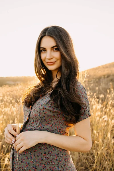 Bela Mulher Grávida Vestido Campo Trigo Pôr Sol — Fotografia de Stock