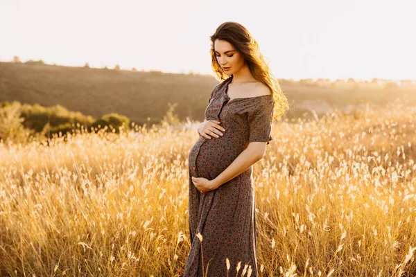 Bela Mulher Grávida Vestido Campo Trigo Pôr Sol — Fotografia de Stock