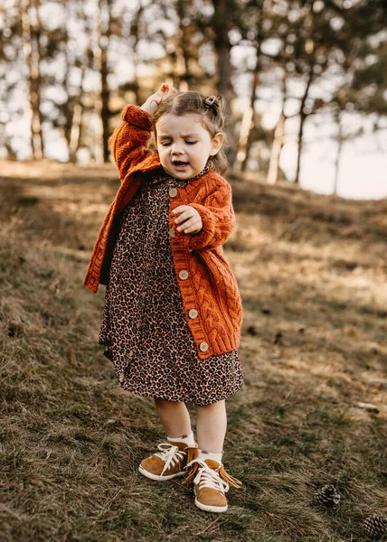 Adorable Little Girl Stylish Dress Nature — Stock Photo, Image