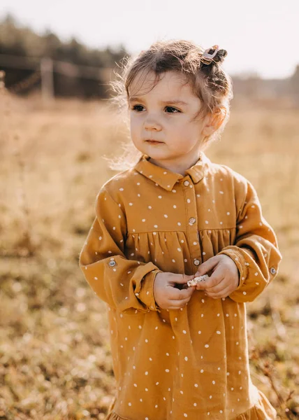 Adorable Petite Fille Robe Élégante Sur Nature — Photo