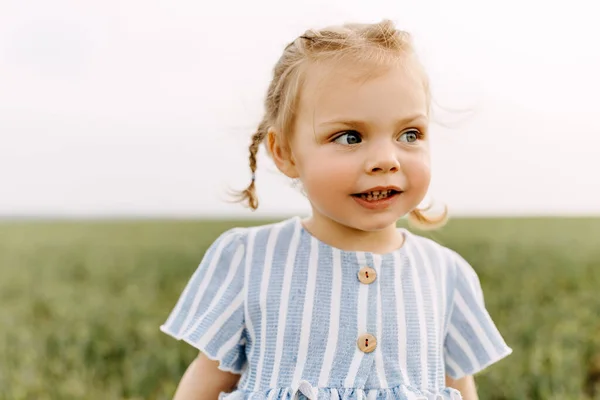 Porträtt Bedårande Liten Flicka Grönt Fält — Stockfoto