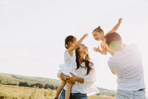Beautiful Young Family Two Daughters Spending Time Together Nature Royalty Free Stock Photos