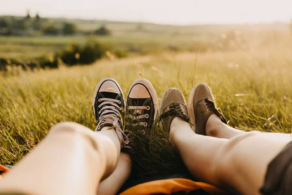 Close Shot Legs Young Women Sitting Camping Tent Sunny Evening Stock Image