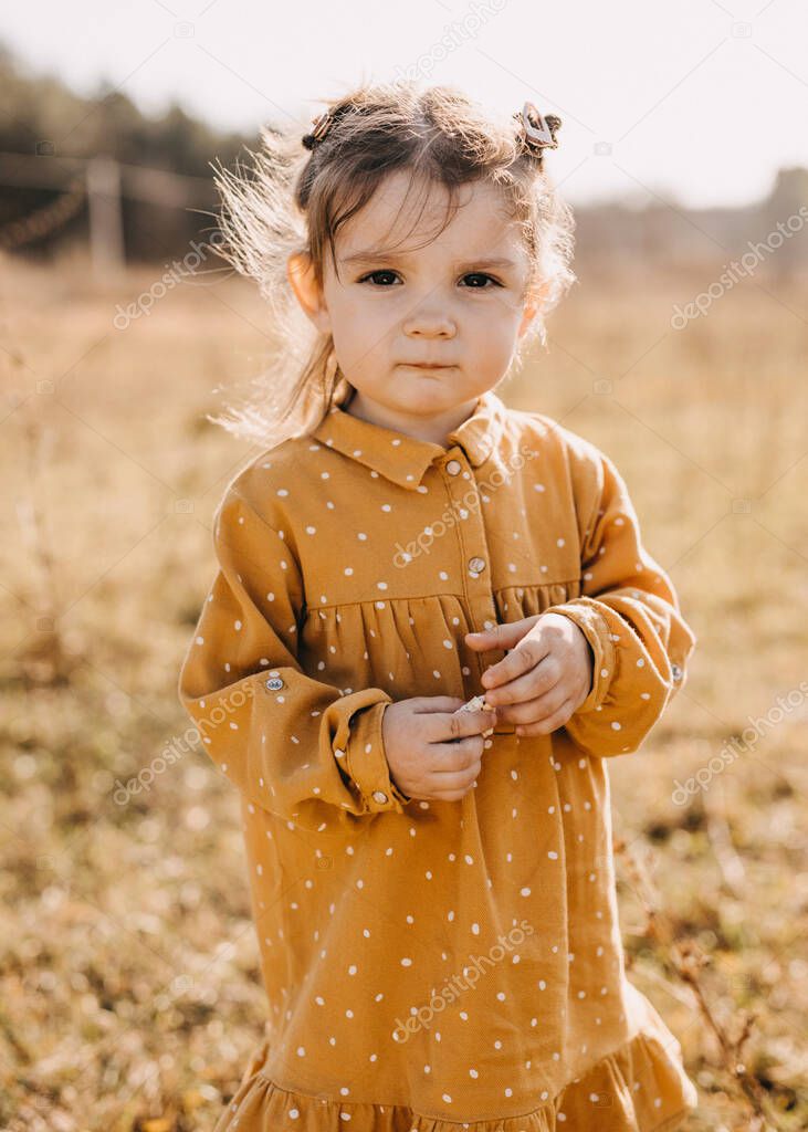 adorable little girl in stylish dress on nature