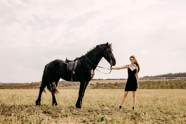 Portrait Belle Femme Avec Cheval Noir Dans Nature — Photo