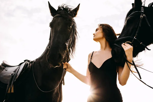 Retrato Mulher Bonita Vestido Preto Com Dois Cavalos Natureza — Fotografia de Stock