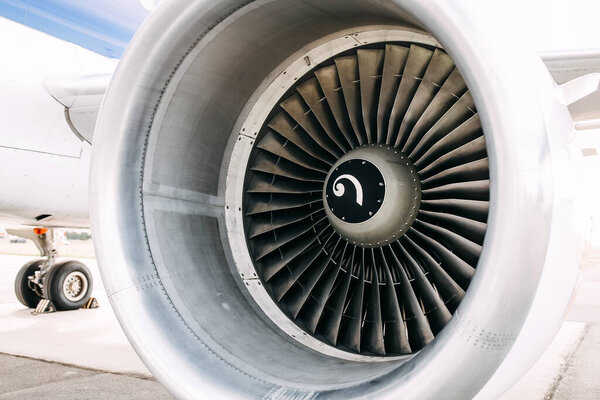 close-up shot of jet engine on plane