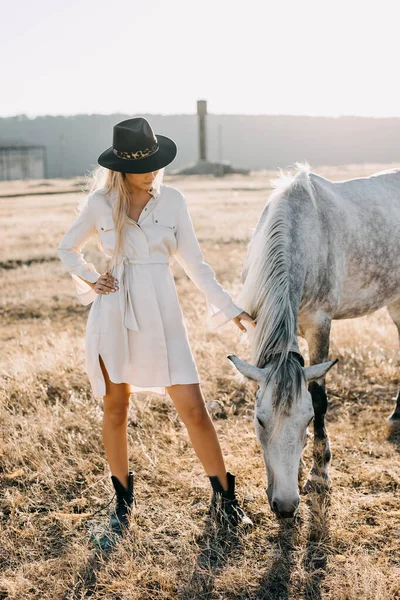 Retrato Bela Mulher Loira Com Cavalo Branco Natureza Durante Pôr — Fotografia de Stock