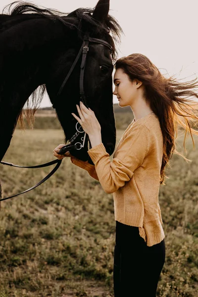 Portret Pięknej Kobiety Czarnym Koniem Przyrodzie — Zdjęcie stockowe