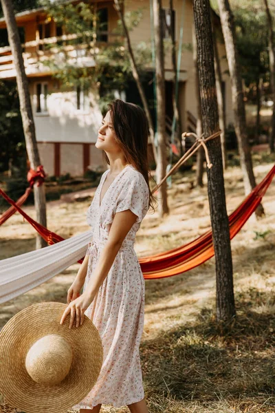 Portrait Beautiful Woman Dress Straw Hat Forest — Stock Photo, Image