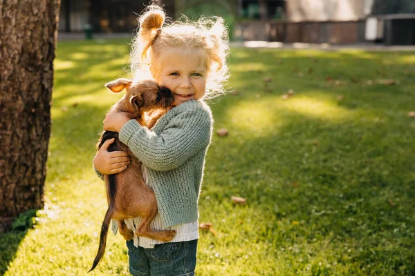 Close Portrait Adorable Little Girl Puppy Having Fun Park — Stock Photo, Image