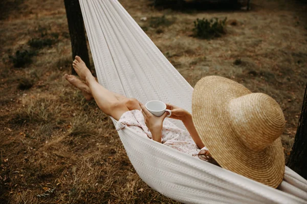 Beautiful Woman Dress Relaxing Hammock Forest — Stock Photo, Image