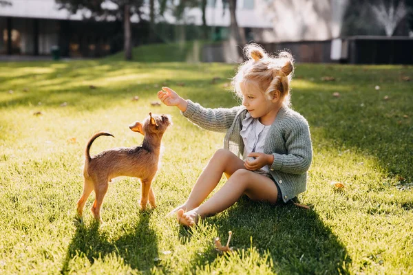 Close Portrait Adorable Little Girl Puppy Having Fun Park — Stock Photo, Image
