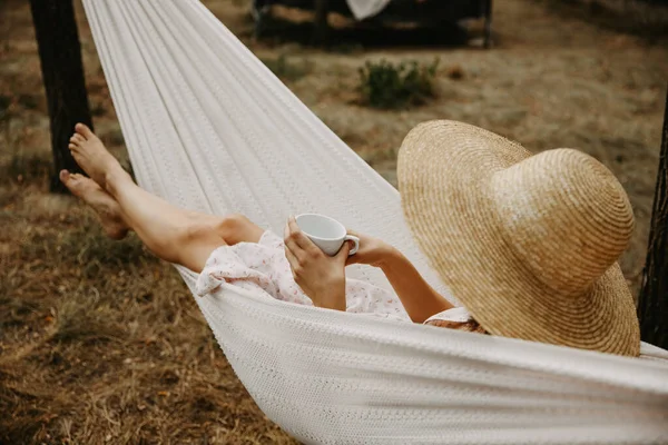Beautiful Woman Dress Relaxing Hammock Forest — Stock Photo, Image