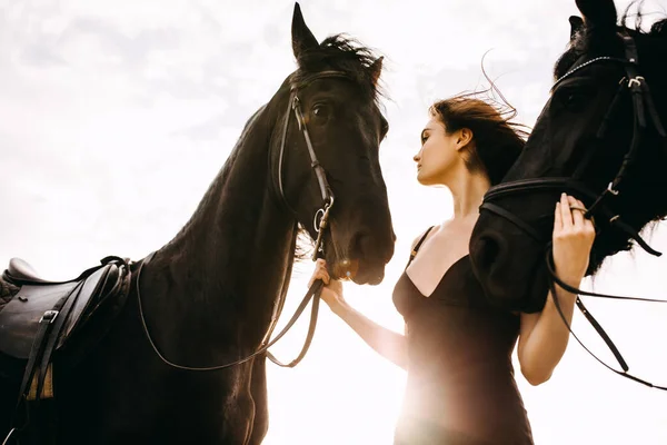 Retrato Mulher Bonita Com Cavalo Preto Natureza — Fotografia de Stock