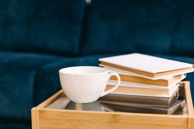 Evdeki masada, birkaç kitabın yanında boş bir fincan kahve ya da çay..