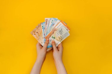 Sarı arka planda bir avuç avro banknotunu tutan kadın..