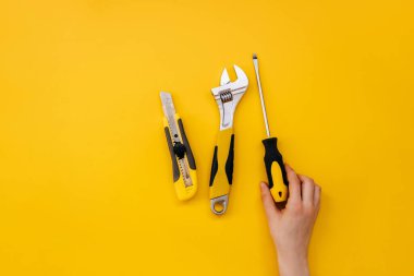 Farklı inşaat aletleri seti. Kesici, anahtar ve tornavida..