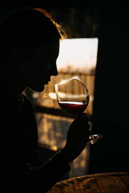 silhouette of woman drinking wine against sunset sky