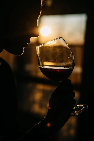Silhouette Woman Drinking Wine Sunset Sky — Fotografia de Stock