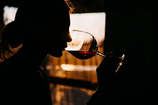 Silhueta Uma Jovem Mulher Bebendo Vinho Tinto Copo Pôr Sol — Fotografia de Stock