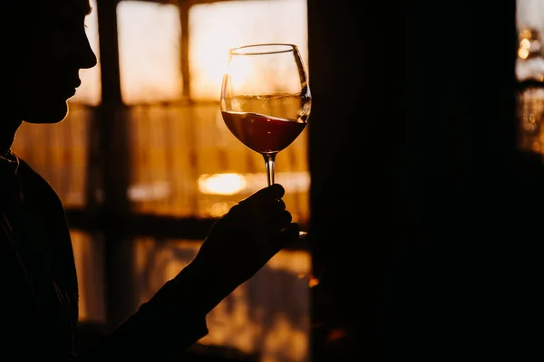 Nahaufnahme Einer Jungen Frau Die Ein Glas Rotwein Sonnenuntergang Betrachtet — Stockfoto