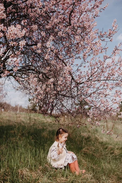 Menina Sentada Jardim Sob Uma Árvore Cereja Flor Com Flores — Fotografia de Stock