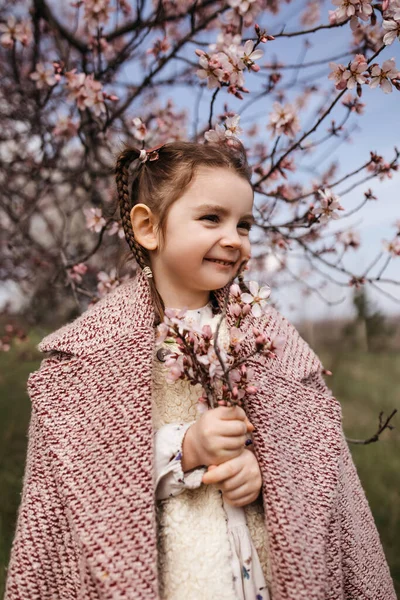 Portrait Little Girl Braids Spring Day Outdoors Holding Bunch Cherry — Stock Photo, Image