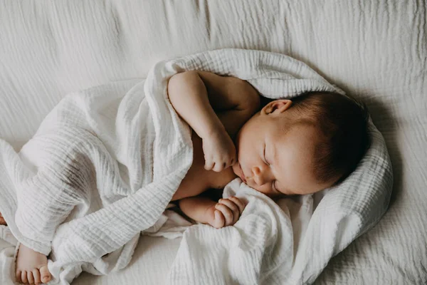 Новорожденный Ребенок Спит Детском Гнездышке Покрытом Белым Муслиновым Одеялом — стоковое фото