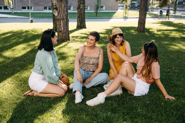 Group Four Friends Sitting Park Green Grass Chatting Laughing —  Fotos de Stock