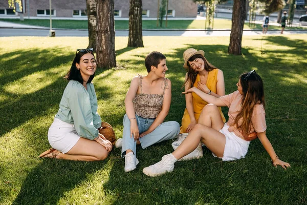 Ομάδα Τεσσάρων Φίλων Κάθεται Ένα Πάρκο Στο Πράσινο Γρασίδι Έχοντας — Φωτογραφία Αρχείου
