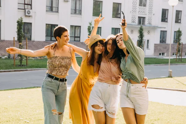 Group Four Young Women Park Having Good Time Walking Laughing —  Fotos de Stock