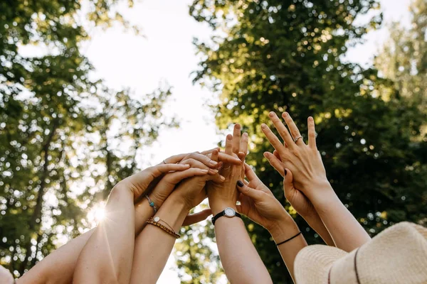 Group Women Holding Hands Together Air — Stockfoto