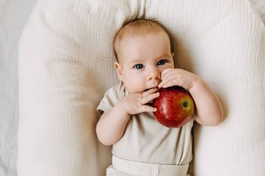 Bebek kırmızı elma tutuyor. Gıda çeşitlendirme kavramı.