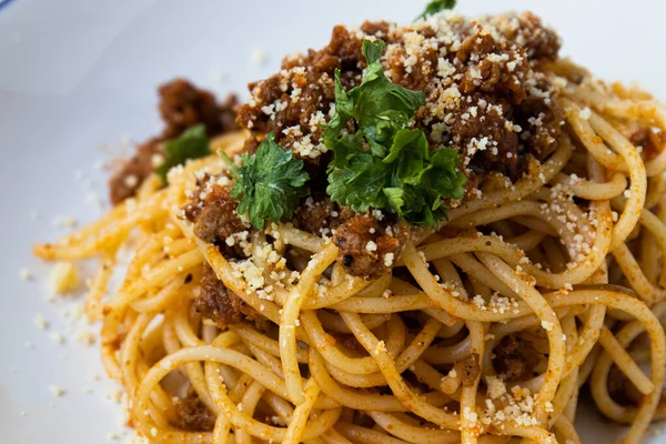 Home Made Italian Spaghetti Bolognese White Backgroundclose Bolognese Spaghetti Tomatos — Stock Photo, Image