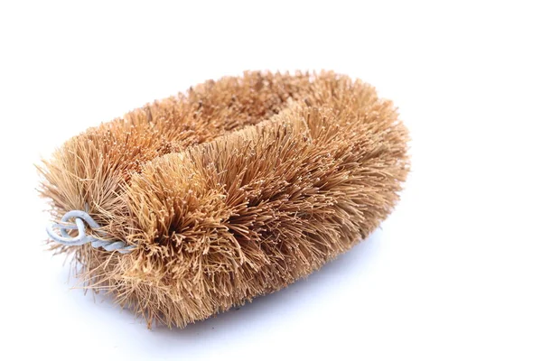 Beyaz arkaplanda hindistan cevizi kabuğu temizleme fırçasını kapat