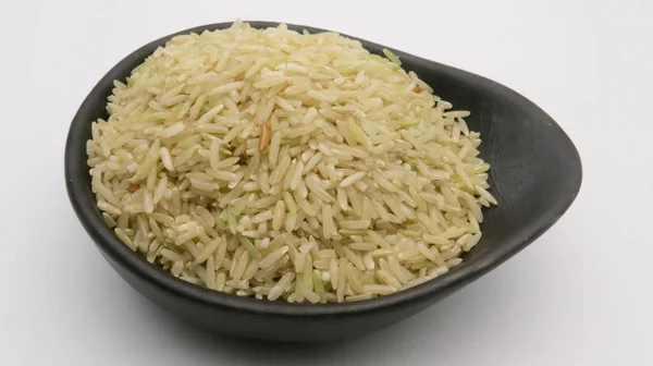 Arroz Jasmim Tailandês Black Bowl Fundo Branco — Fotografia de Stock