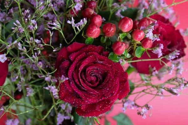 Taze çiğ damlalarıyla süslenmiş koyu kırmızı güller, parlak kırmızı hiperikum meyveleri ve narin pembe dolgu çiçekleriyle çevrili yakın plan bir çiçek sergisi..