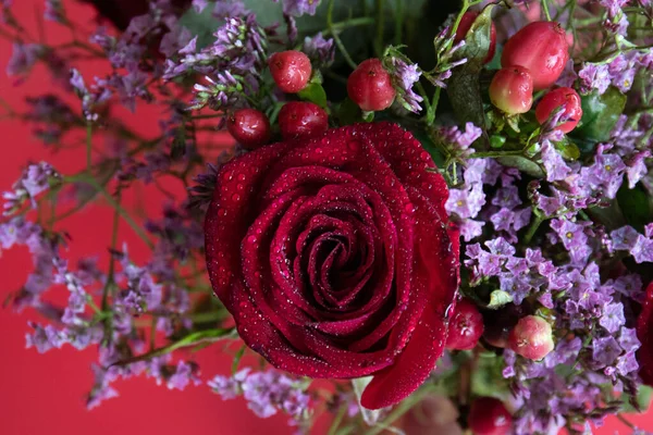 Taze çiğ damlalarıyla süslenmiş koyu kırmızı güller, parlak kırmızı hiperikum meyveleri ve narin pembe dolgu çiçekleriyle çevrili yakın plan bir çiçek sergisi..