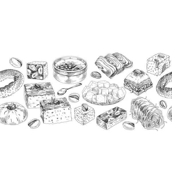 Composición horizontal sin costuras con dulces orientales, ilustración retro vectorial dibujada a mano. — Vector de stock